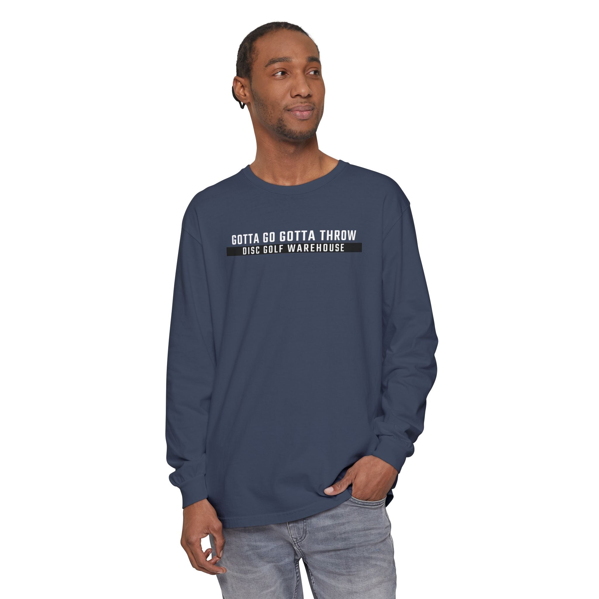 Gotta Go Gotta Throw Bar Stamp Unisex Garment-dyed Long Sleeve Disc Golf T-Shirt [AVAILABLE ONLINE ONLY]