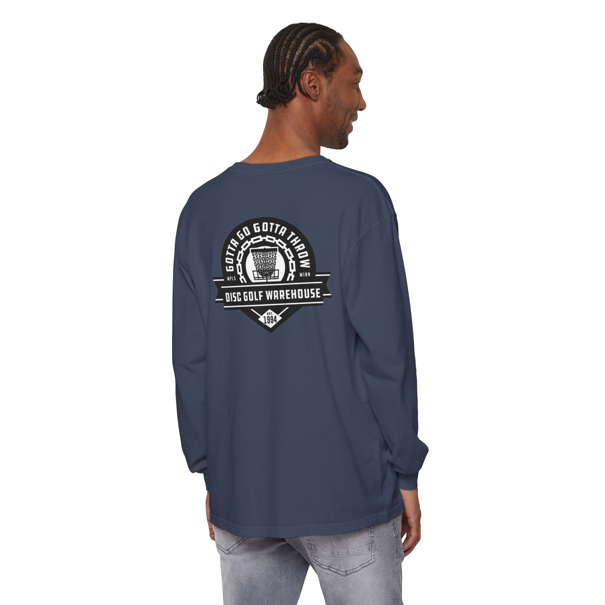 Gotta Go Gotta Throw Bar Stamp Unisex Garment-dyed Long Sleeve Disc Golf T-Shirt [AVAILABLE ONLINE ONLY]