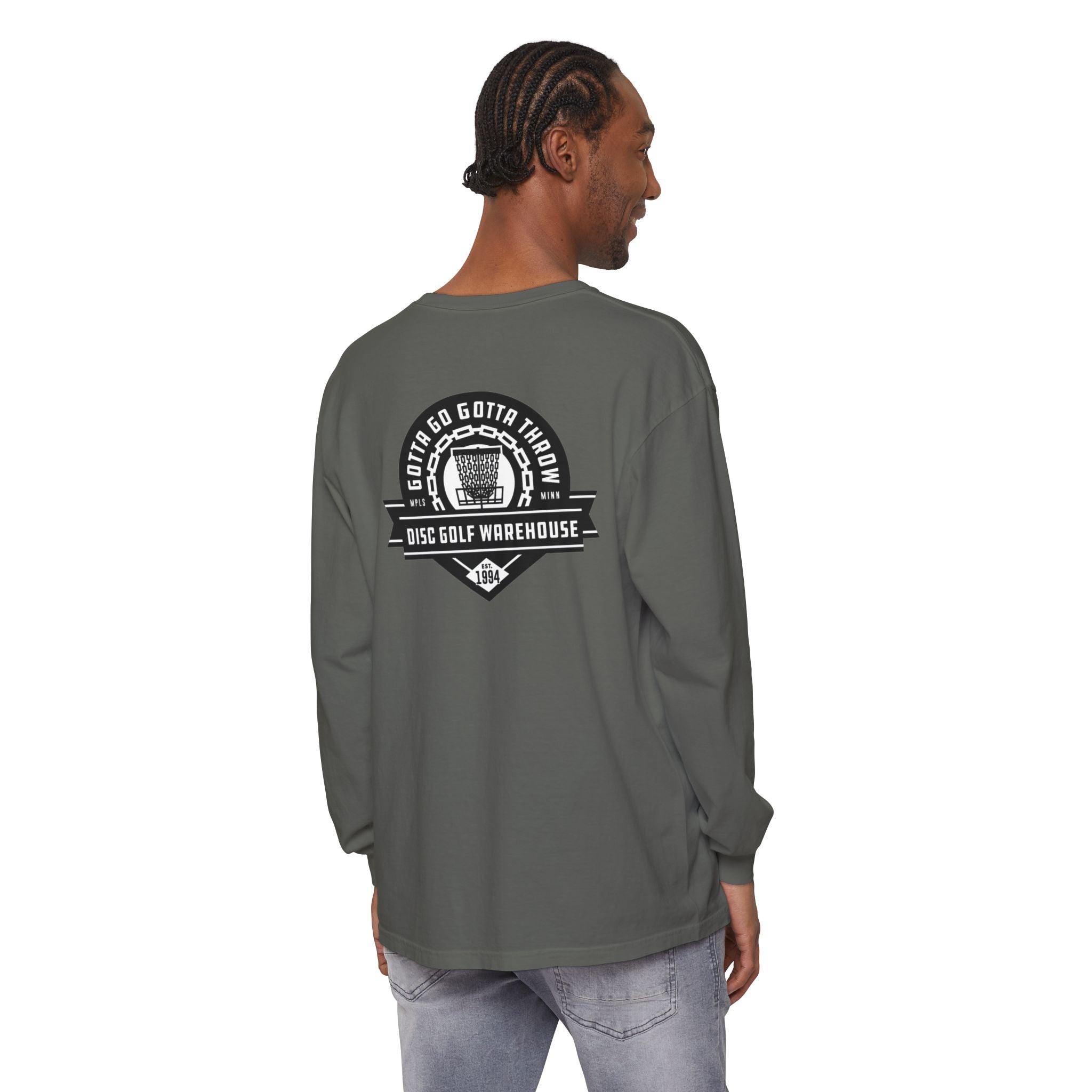 Gotta Go Gotta Throw Bar Stamp Unisex Garment-dyed Long Sleeve Disc Golf T-Shirt [AVAILABLE ONLINE ONLY]