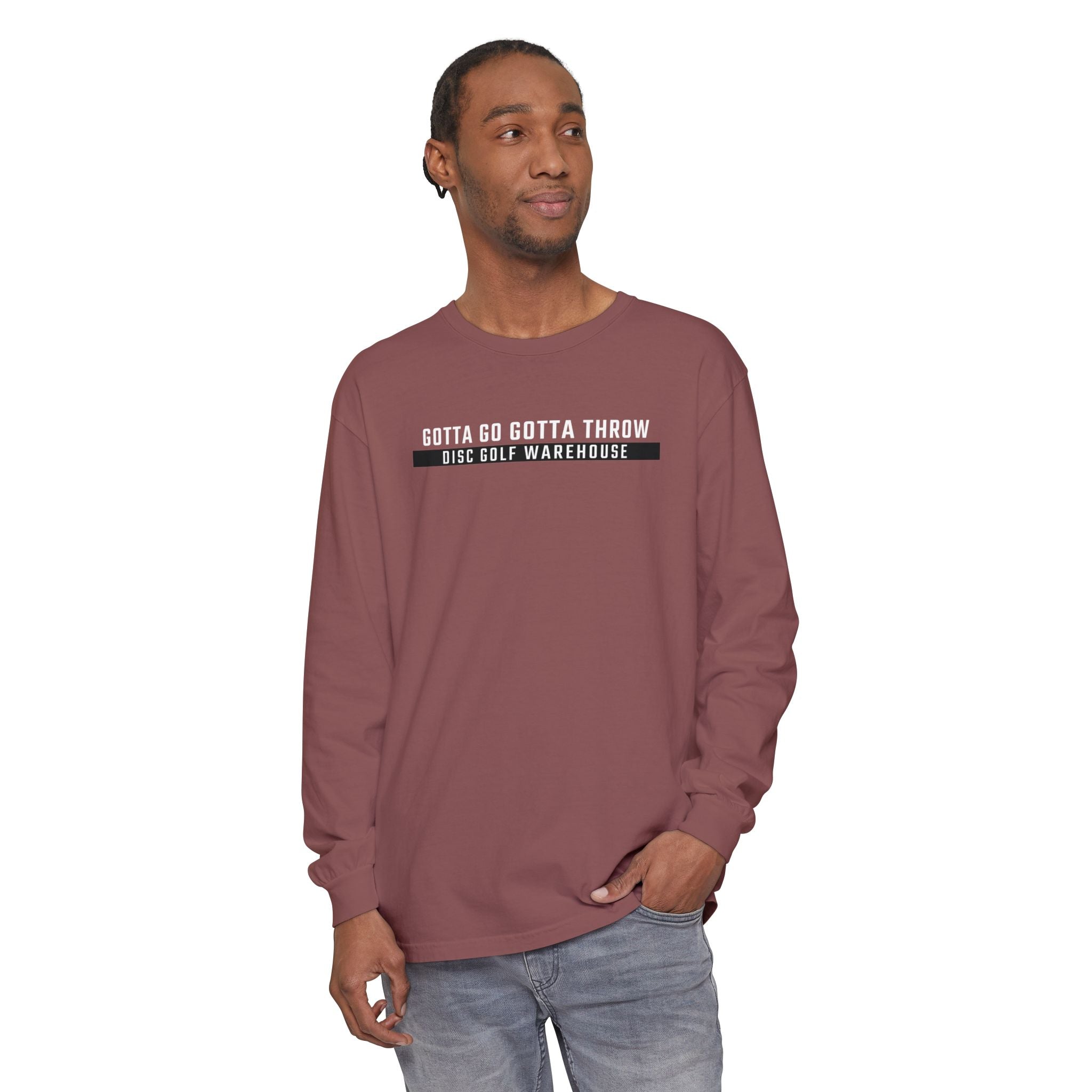 Gotta Go Gotta Throw Bar Stamp Unisex Garment-dyed Long Sleeve Disc Golf T-Shirt [AVAILABLE ONLINE ONLY]