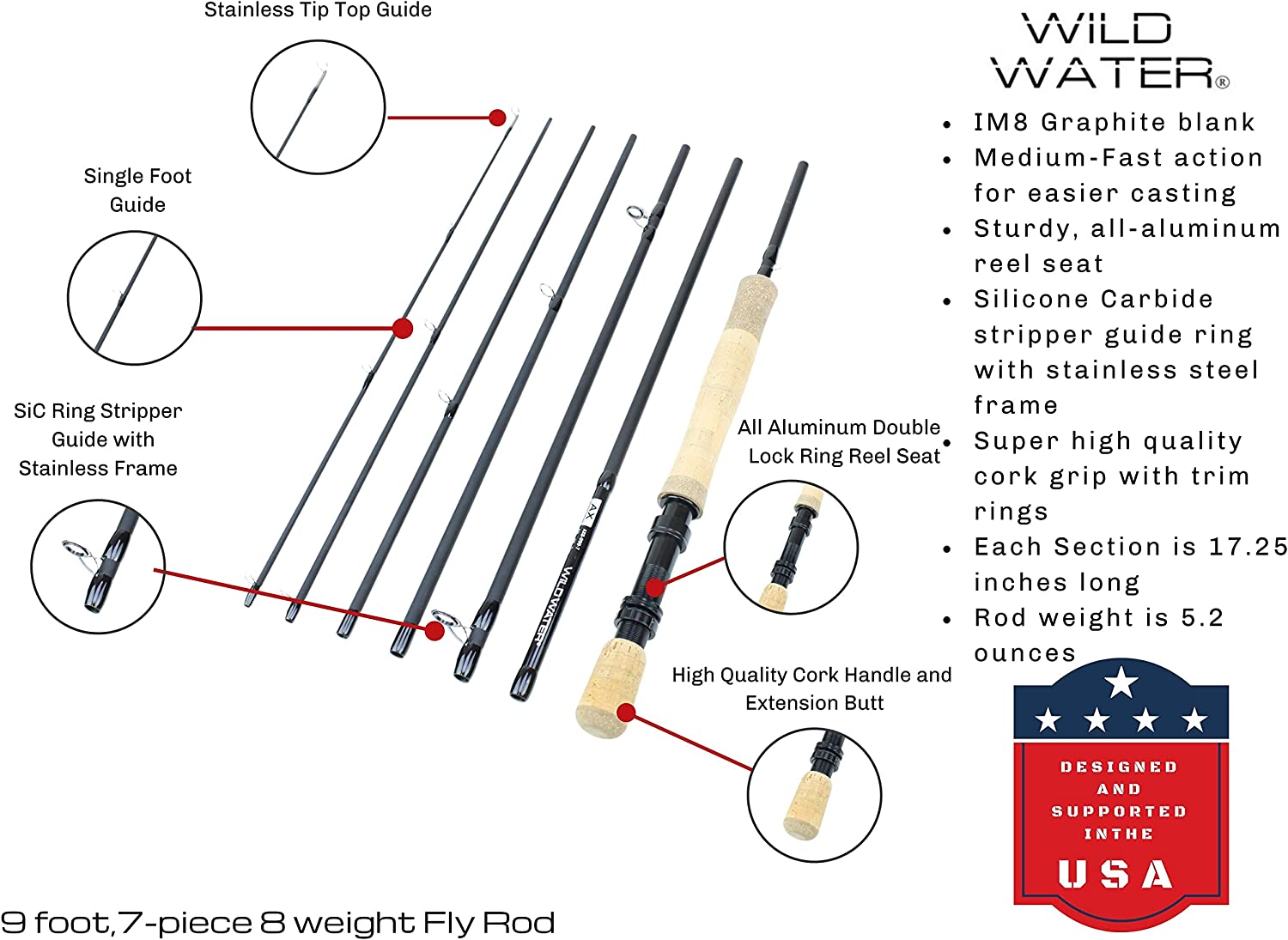 Wild Water Deluxe Freshwater Fly Fishing Combo, 9 ft 8 wt 7 Piece Rod