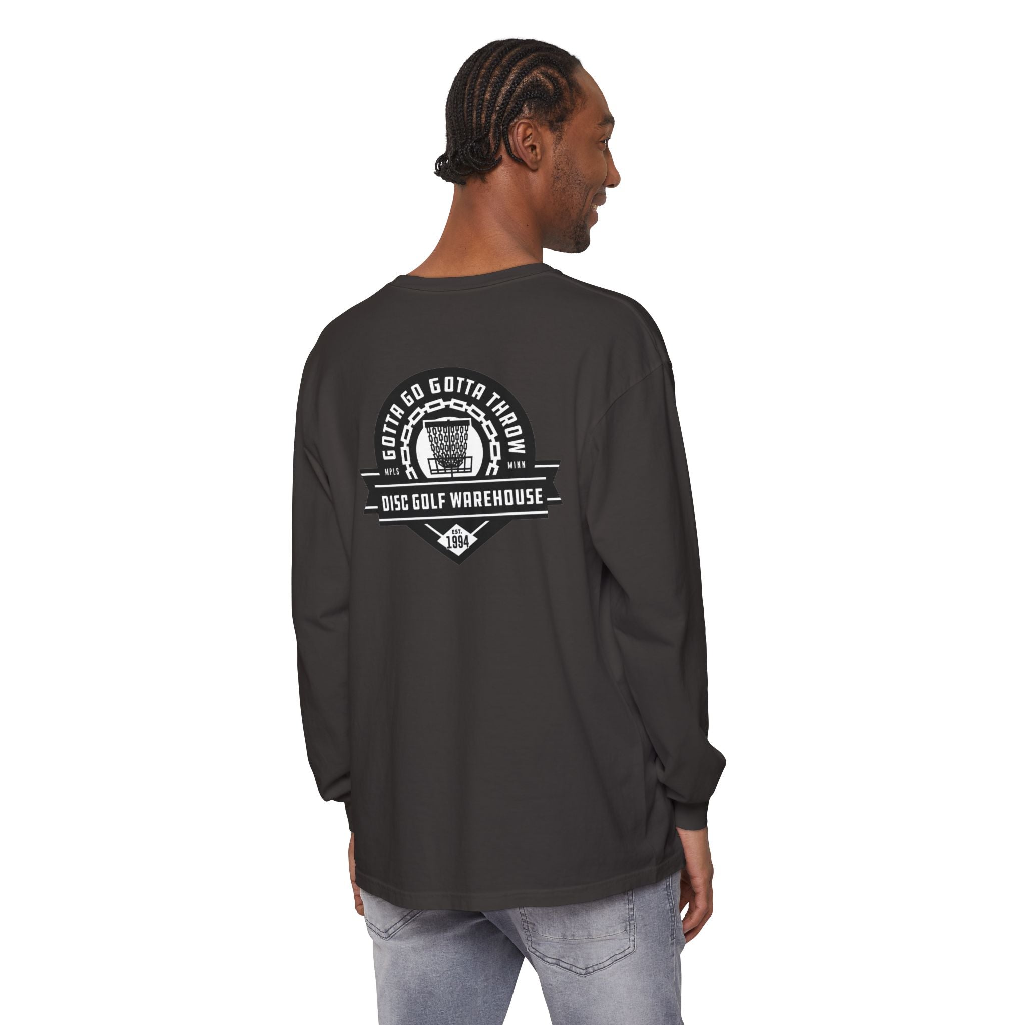 Gotta Go Gotta Throw Bar Stamp Unisex Garment-dyed Long Sleeve Disc Golf T-Shirt [AVAILABLE ONLINE ONLY]