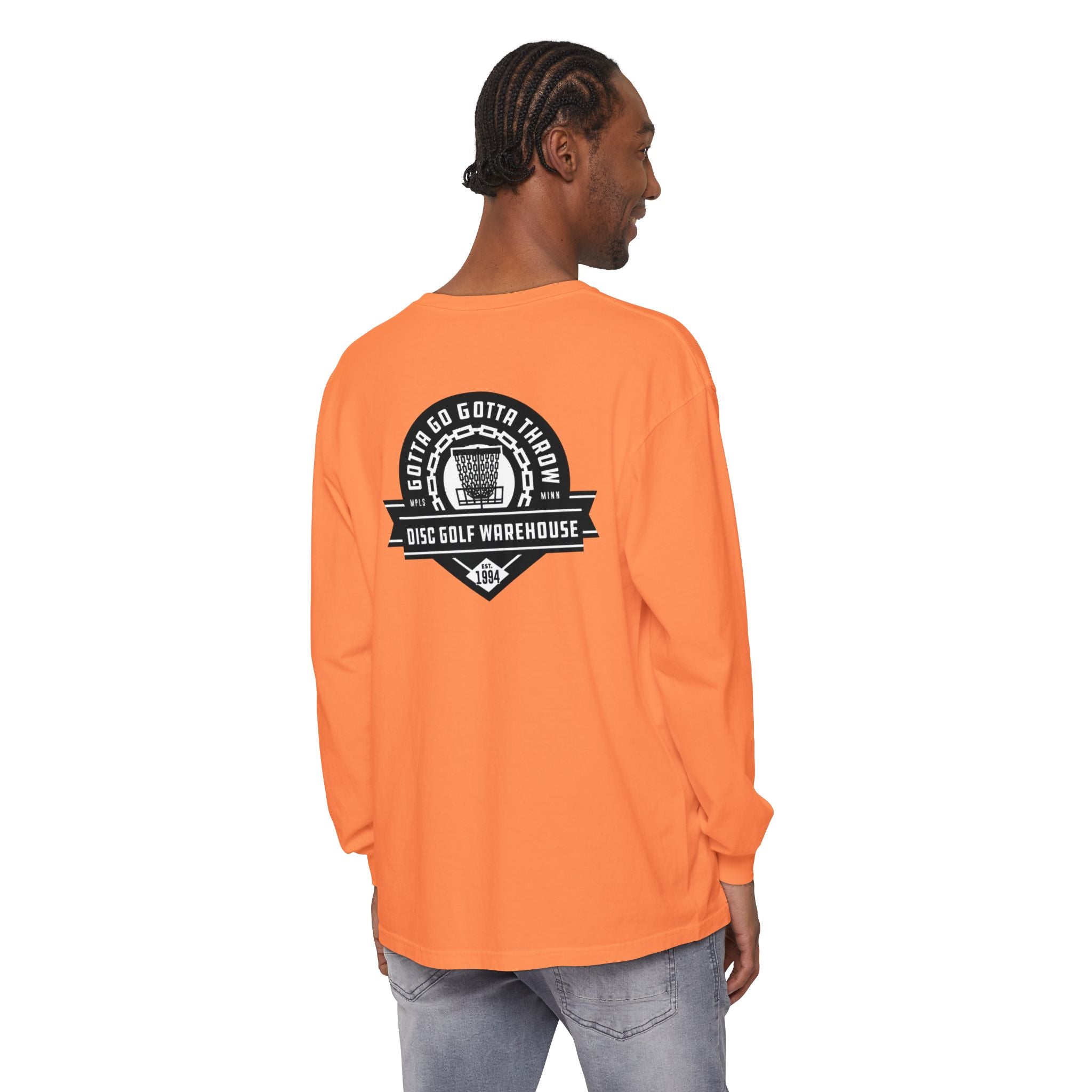 Gotta Go Gotta Throw Bar Stamp Unisex Garment-dyed Long Sleeve Disc Golf T-Shirt [AVAILABLE ONLINE ONLY]