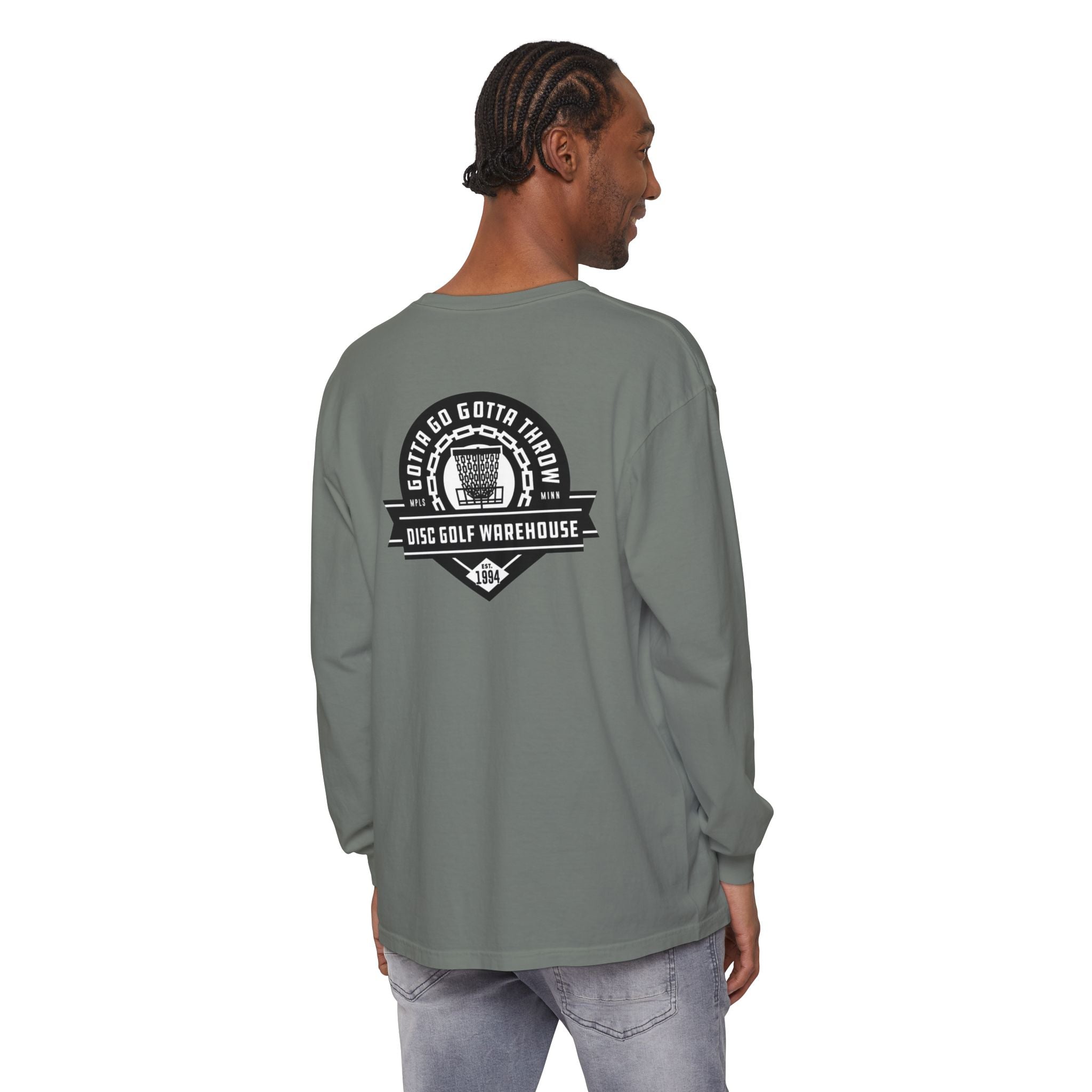 Gotta Go Gotta Throw Bar Stamp Unisex Garment-dyed Long Sleeve Disc Golf T-Shirt [AVAILABLE ONLINE ONLY]