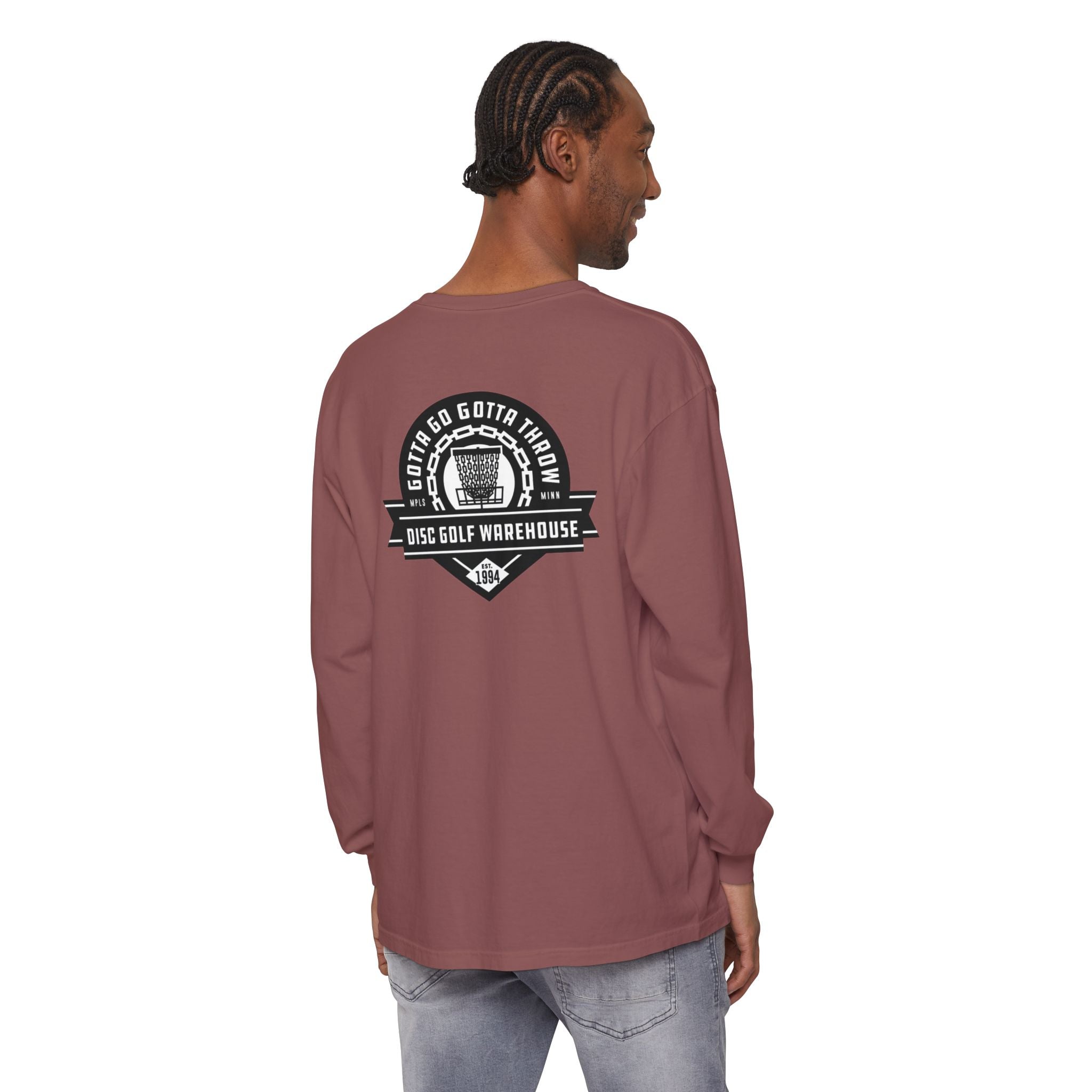 Gotta Go Gotta Throw Bar Stamp Unisex Garment-dyed Long Sleeve Disc Golf T-Shirt [AVAILABLE ONLINE ONLY]