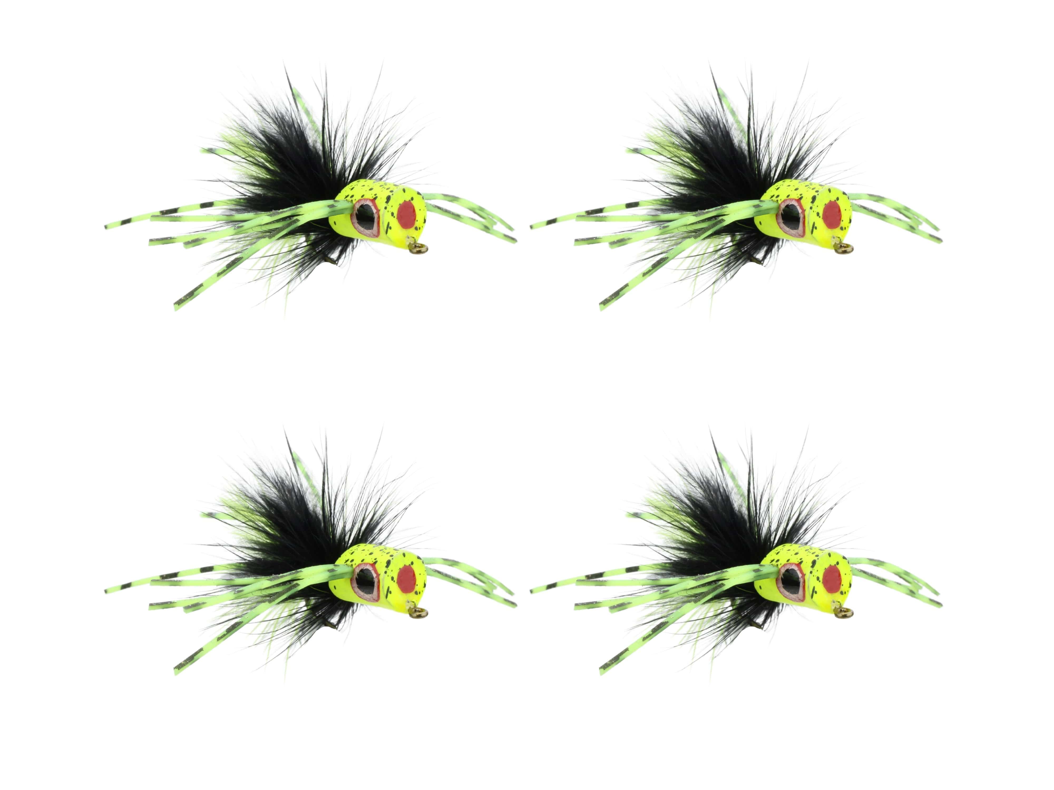 Wild Water Fly Fishing Green and Yellow Spider Legs Flat Face Mini Panfish Popper, Size 8, Qty. 4